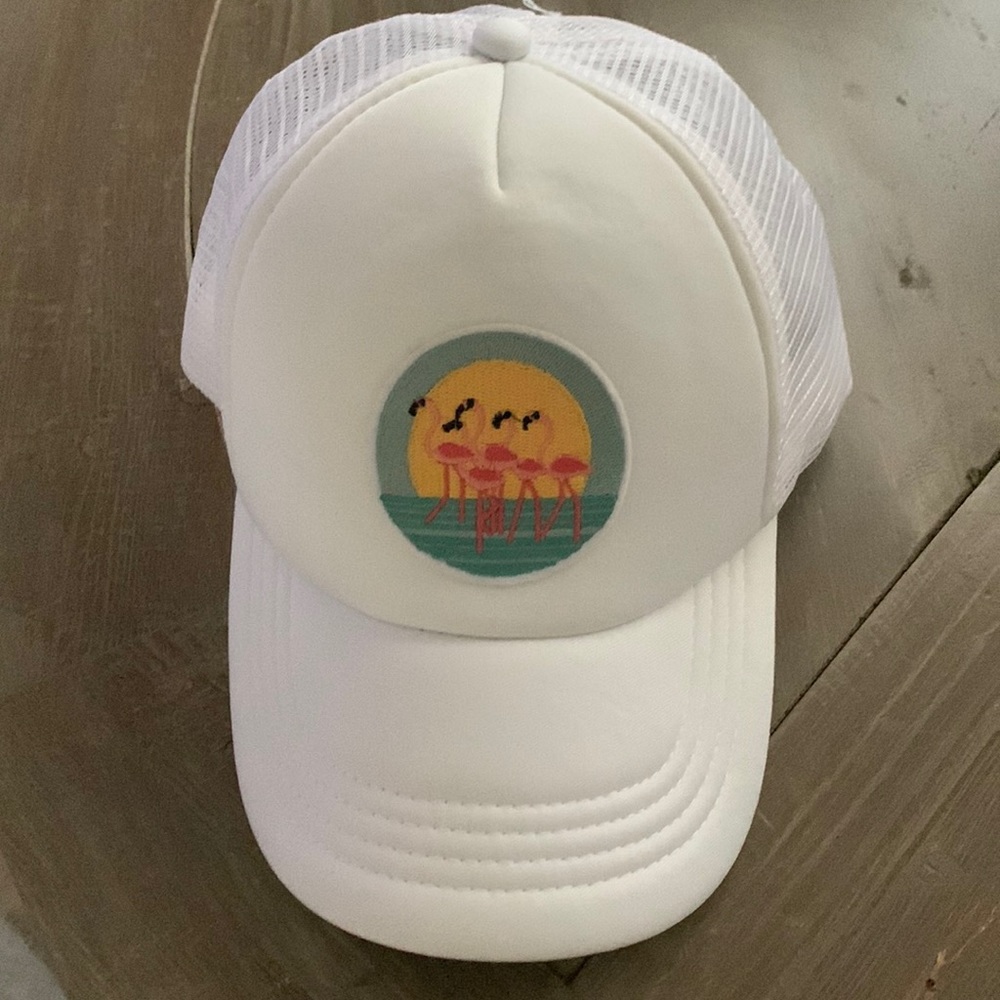 White flamingo patch trucker hat